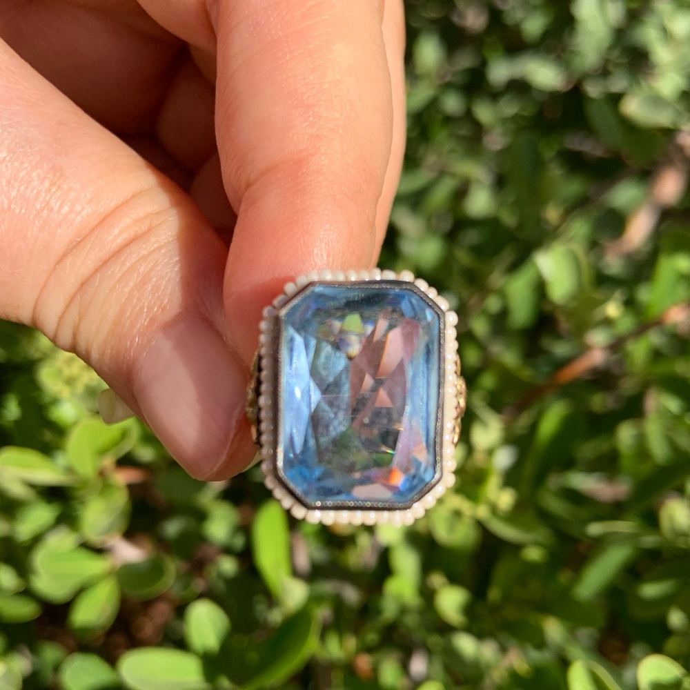Antique 1920s Art Deco Sterling Silver Blue Glass Stone Ring w/seed pearls - Picture 3 of 8